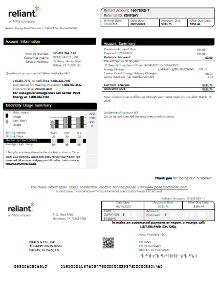 Reliant Energy utility business bill, SCR PSD template